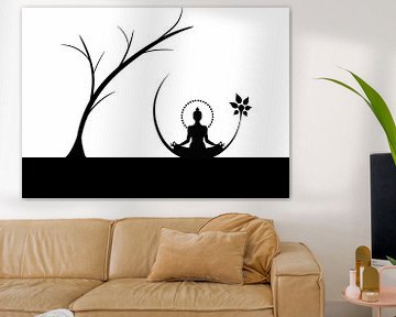 Buddha met bloem en een boom