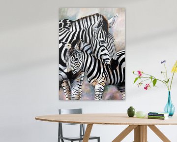 jonge zebra met zebramoeder by Angelique van den Berg