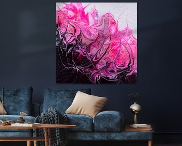 Abstract, organisch zwart wit roze acryl gieten schilderij