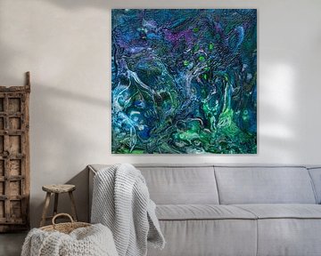 Peinture acrylique coulée bleu vert violet organique