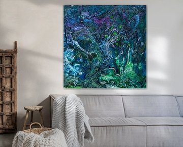 Abstract, organisch blauw groen paars acryl gieten schilderij