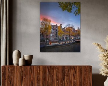 Prinsengracht à Amsterdam | Péniche en automne | Coucher de soleil sur Marijn Alons