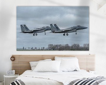 Two F-15s from the Oregon Air National Guard land simultaneously at Leeuwarden Air Base during the l by Jaap van den Berg