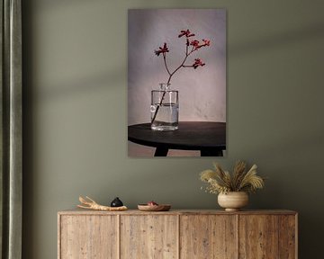 Modern still life with red bloomer in glass bottle by Affect Fotografie