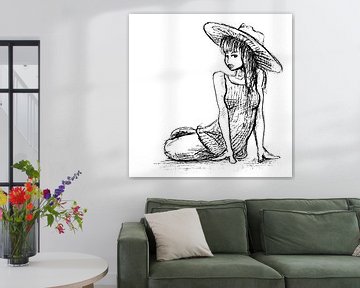 Vrouw met zonnehoed in zwart wit getekend van Emiel de Lange