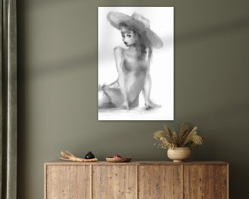 Vrouw met hoed - figuratief werk in grijs tinten