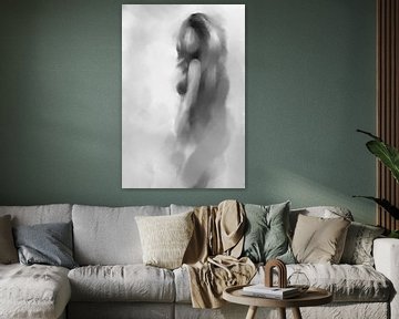 Œuvre d'art figurative femme en nuances de gris sur Emiel de Lange