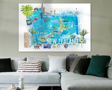 Carte de voyage illustrée de la Nouvelle-Zélande avec les points forts touristiques sur Markus Bleichner