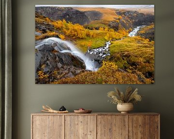 Wasserfall mit Fluss auf dem Weg zum Hengifoss, Island von Herman van Heuvelen