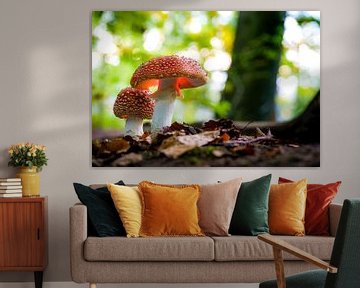 Mouche agaric avec lumière dans une forêt d'automne sur Fotografiecor .nl