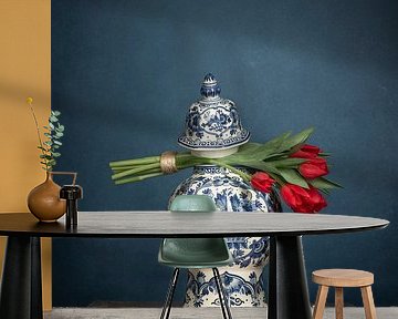 Delft blue with red tulips by Mariska Vereijken
