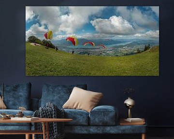 The start of parasailing, paragliding from Mont Revard, Lac du Bourget, Aix-les-Bains, Savoie, Franc by Rene van der Meer