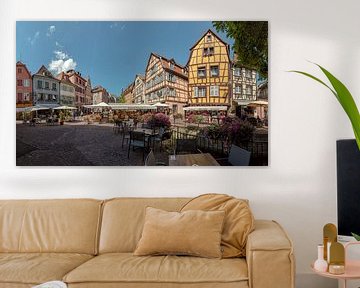 Vakwerk huizen aan de Grand’Rue, terrassen, cafe, Colmar, Alsace, Frankrijk