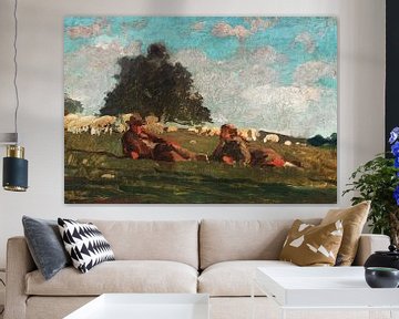 Meisje en jongen in veld met schapen door Winslow Homer