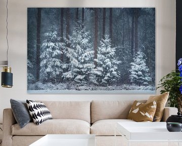 Verschneite Bäume zwischen hohen Kiefern | Winter in den Niederlanden von Marijn Alons