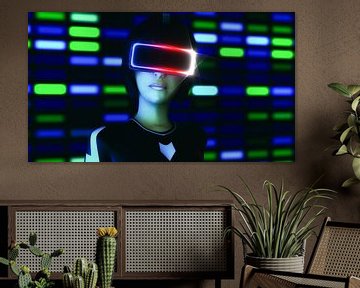 een jonge vrouw met een virtual reality headset in cyberspace (3d van Rainer Zapka