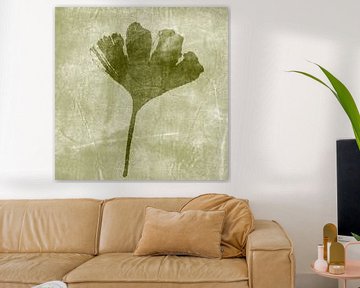 Ginkgo-Blatt. Botanische Illustration. Olivgrüner Hintergrund. Monotypie einer echten Pflanze. von Dina Dankers