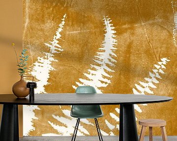 Three Fern leaves in white on yellow. Modern botanical art. by Dina Dankers