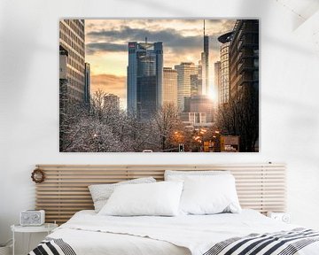 Frankfurt in winter with snow, skyline at the end of a street in sunrise by Fotos by Jan Wehnert