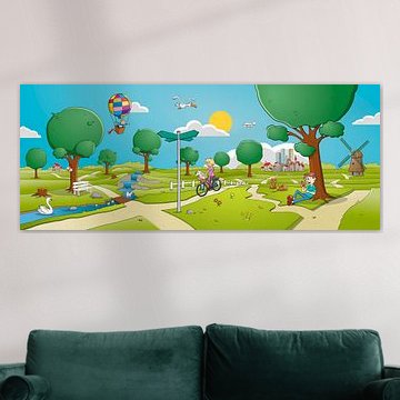 Fröhliche Sommerlandschaftsillustration mit verschiedenen Elementen. von Galerie Ringoot