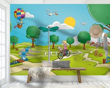 Fröhliche Sommerlandschaftsillustration mit verschiedenen Elementen.