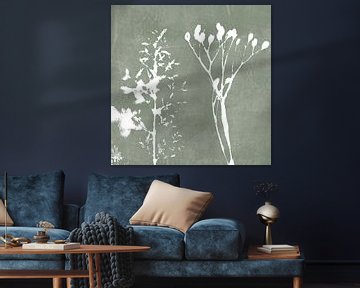 Herbe et branche en vert gris. Illustration botanique dans le style vintage. sur Dina Dankers