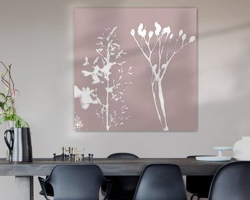 Monotype or monoprint of  grass and branch in old pink. Botanical illu by Dina Dankers