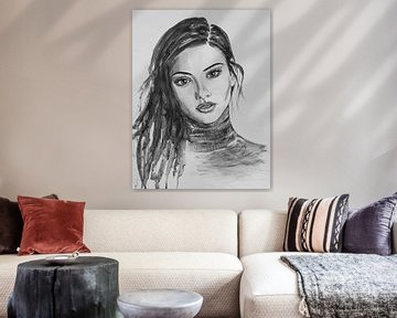 Vrouw portret aquarel zwart wit van Bianca ter Riet