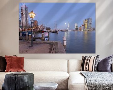 Skyline Rotterdam Erasmusbrug Kop van Zuid by night in de maneschijn van Russcher Tekst & Beeld