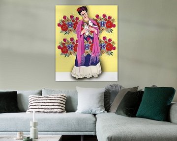 Frida, in Mexicaanse kleding met duiven. Fantasietekening