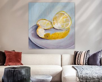 Citroentje! realistisch modern stilleven schilderij van fruit van Qeimoy