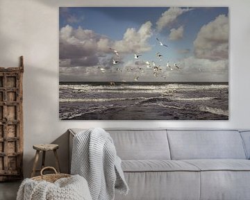 Meeuwen boven de Waddenzee op Vlieland - natuurfotografie print van Laurie Karine van Dam