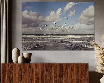 Möwen über dem Wattenmeer auf Vlieland - Naturfotografie Druck von Laurie Karine van Dam
