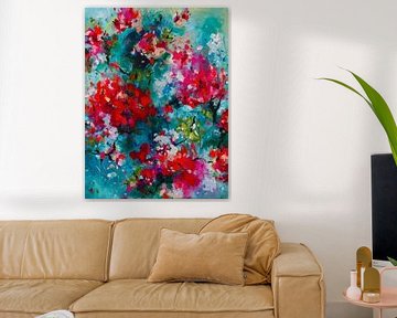 Ikigai - abstract schilderij met losse stijl rode bloemen van Qeimoy