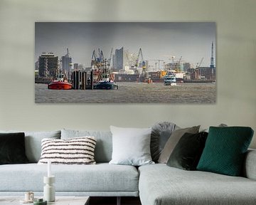 Boats in the port of Hamburg with the Elbphilharmonie in the background by Jonas Weinitschke