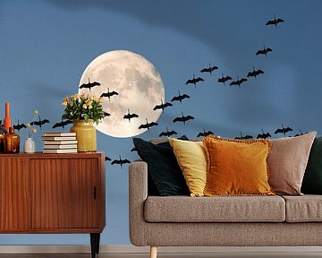 Flight of cranes with the moon by Corinne Welp