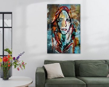 Een kleurrijk portret van een jonge vrouw in gemixte media van Arjen Roos