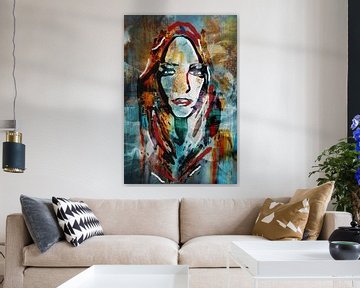 Een kleurrijk portret van een jonge vrouw in gemixte media van Arjen Roos