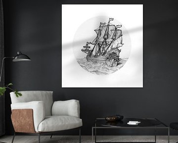 Zeilschip in de zee, met de hand getekende potlood tekening van InkoDef