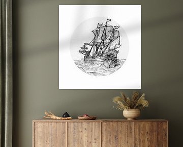 Zeilschip in de zee, met de hand getekende potlood tekening van InkoDef