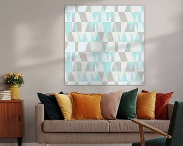 Abstract triangles in warm  grey, light blue green and off white. by Dina Dankers