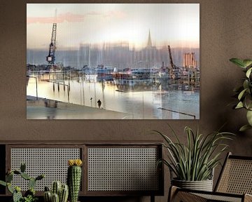 Abstract blurry scene in the port of Lubeck with boats, cranes a by Maren Winter