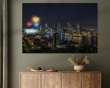 The Erasmus Bridge in Rotterdam in the color gold with fireworks especially for 10 years Work on the by MS Fotografie | Marc van der Stelt