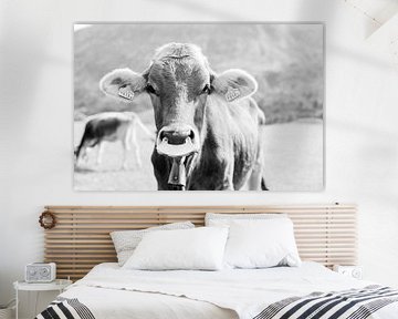 Zwart wit portret van een koe in Zwitserland | Dierenfoto wall art van Milou van Ham