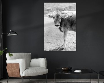 Black and white portrait of a cow in Switzerland | Animal photography wall art by Milou van Ham