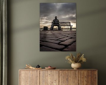 Image of a fisherman on clogs, sitting on a bench in Volendam - Netherlands.
