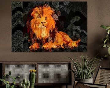 A modern portrait of an orange lion by Arjen Roos