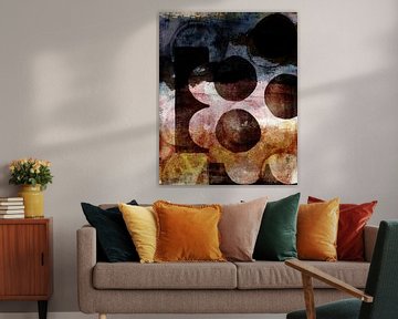 Abstracte compositie met vormen en cirkels in roze, blauw en oranje van Dina Dankers