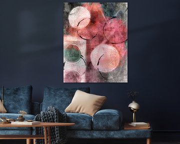 Abstracte compositie met cirkels. Roze, oranje, grijs en witte kleuren. van Dina Dankers