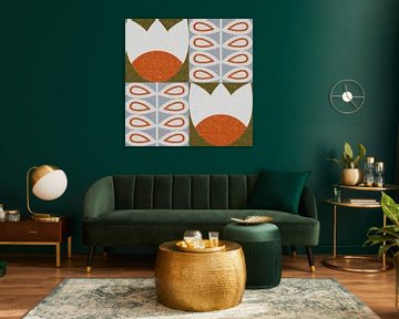 Retro 70s vintage inspired art with stylized flowers and leaves in orange, green, grey and white by Dina Dankers